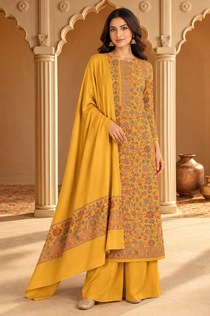 Mustard Floral Resham Woven Pashmina Unstitched Suit Fabric