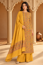 Mustard Floral Resham Woven Pashmina Unstitched Suit Fabric
