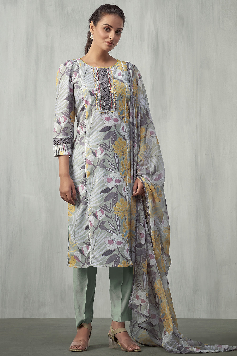 Pista Green Color Linen Printed Suit