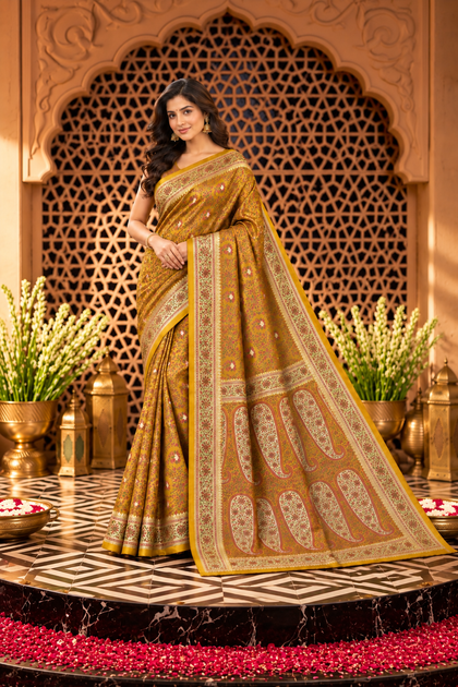 Mustard Mulbary Banarasi Silk Woven Saree
