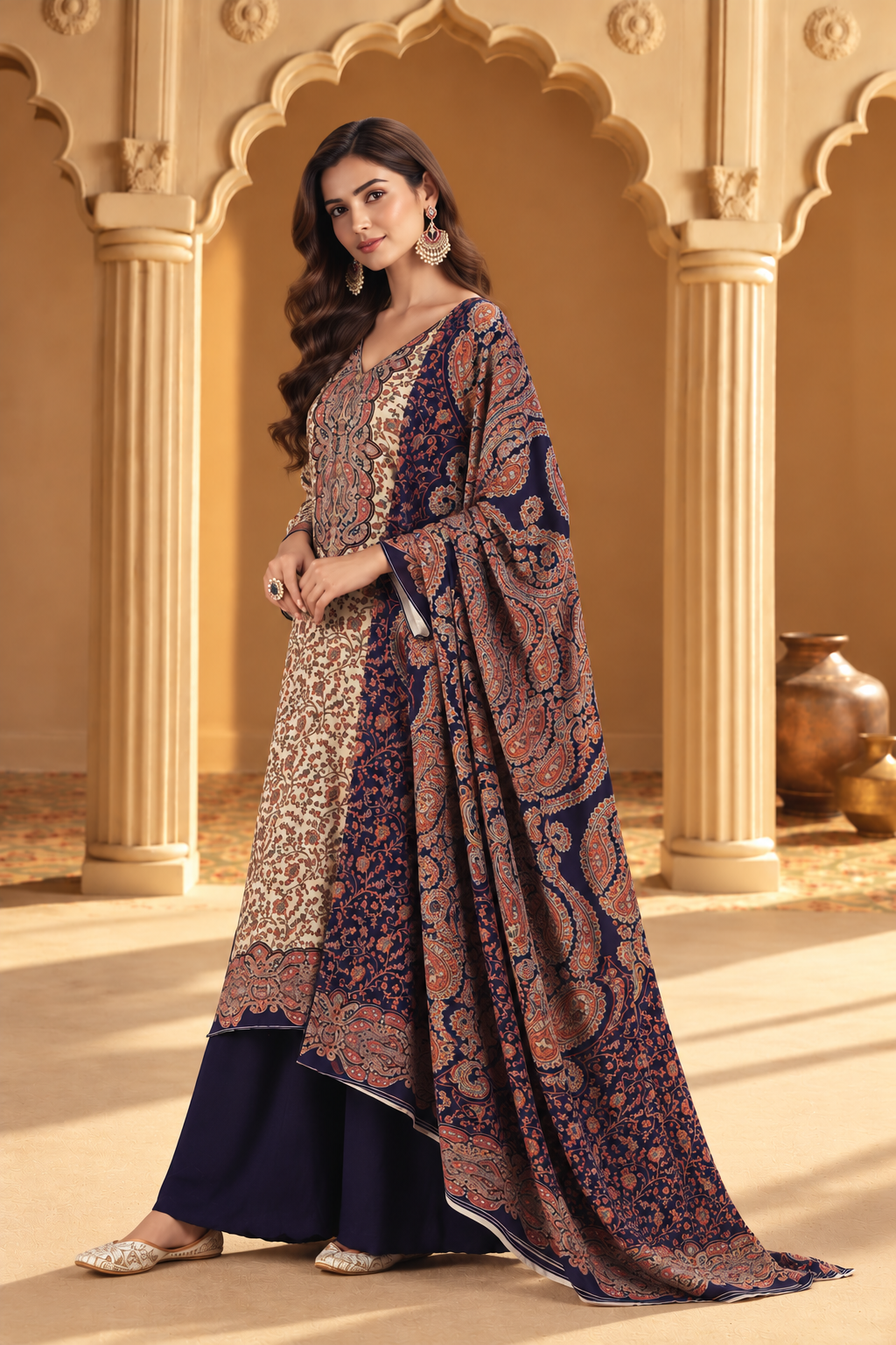 Beige & Navy Pashmina Floral Digital Printed Unstitched Suit Material