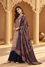 Beige & Navy Pashmina Floral Digital Printed Unstitched Suit Material