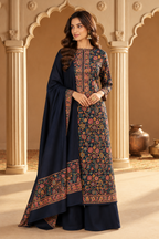 Navy Floral Resham Woven Pashmina Unstitched Suit Fabric
