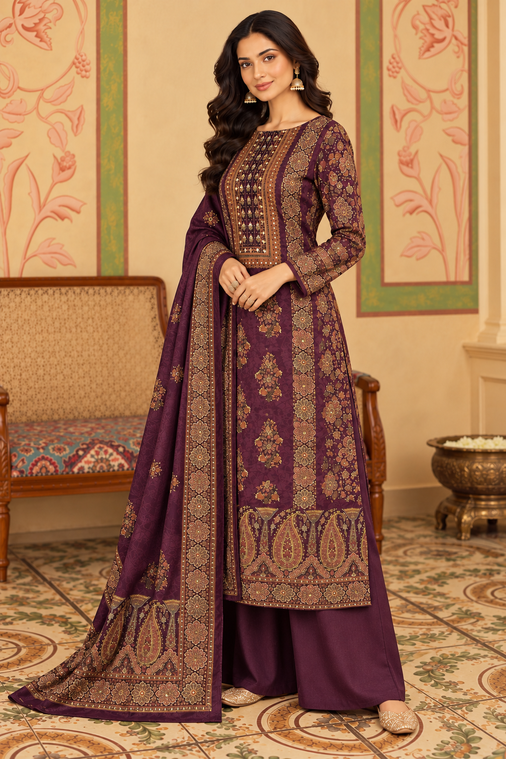 Wine Velvet Printed Unstitched Suit Material