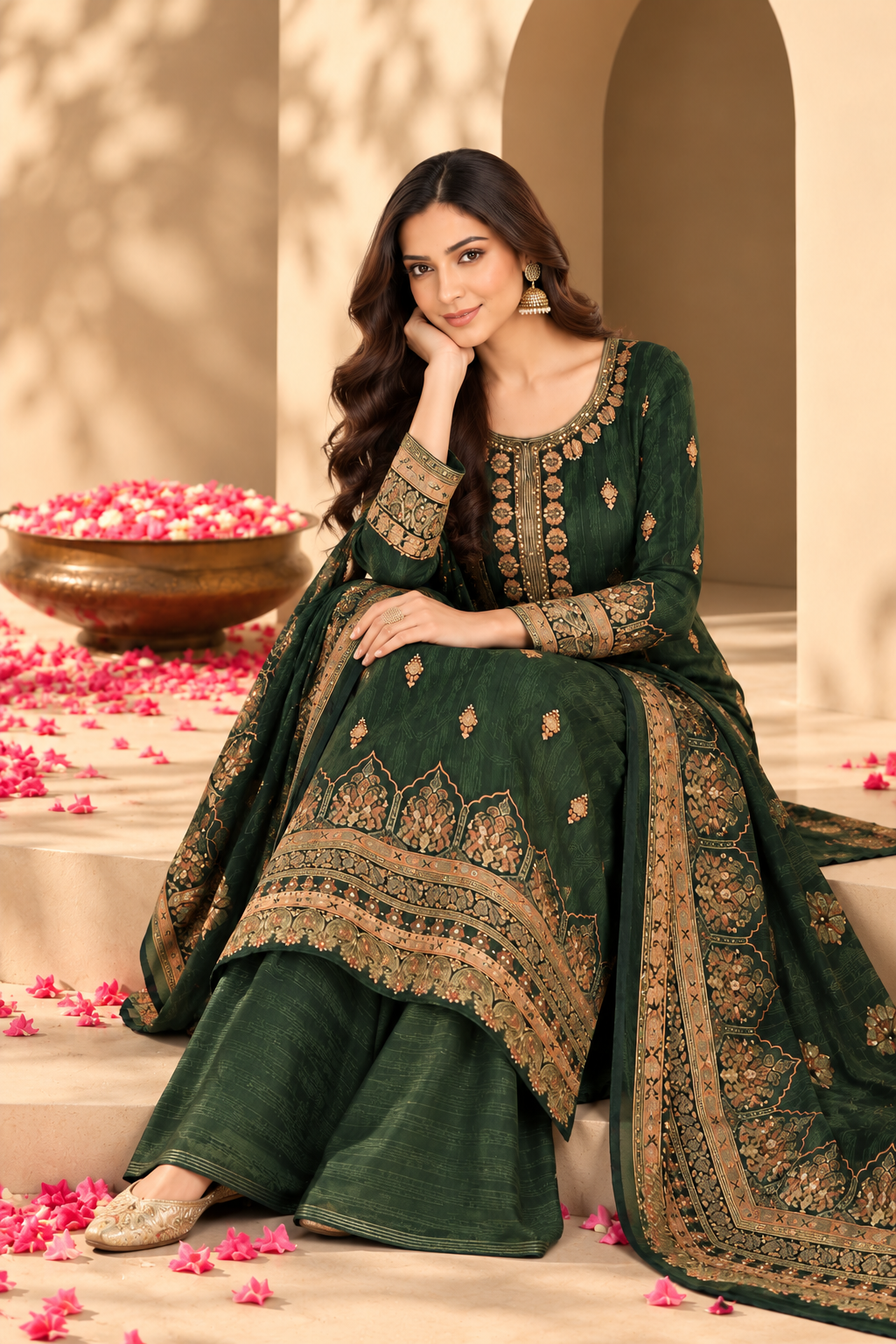 Green Color Velvet Digital Printed Unstitched Suit Material