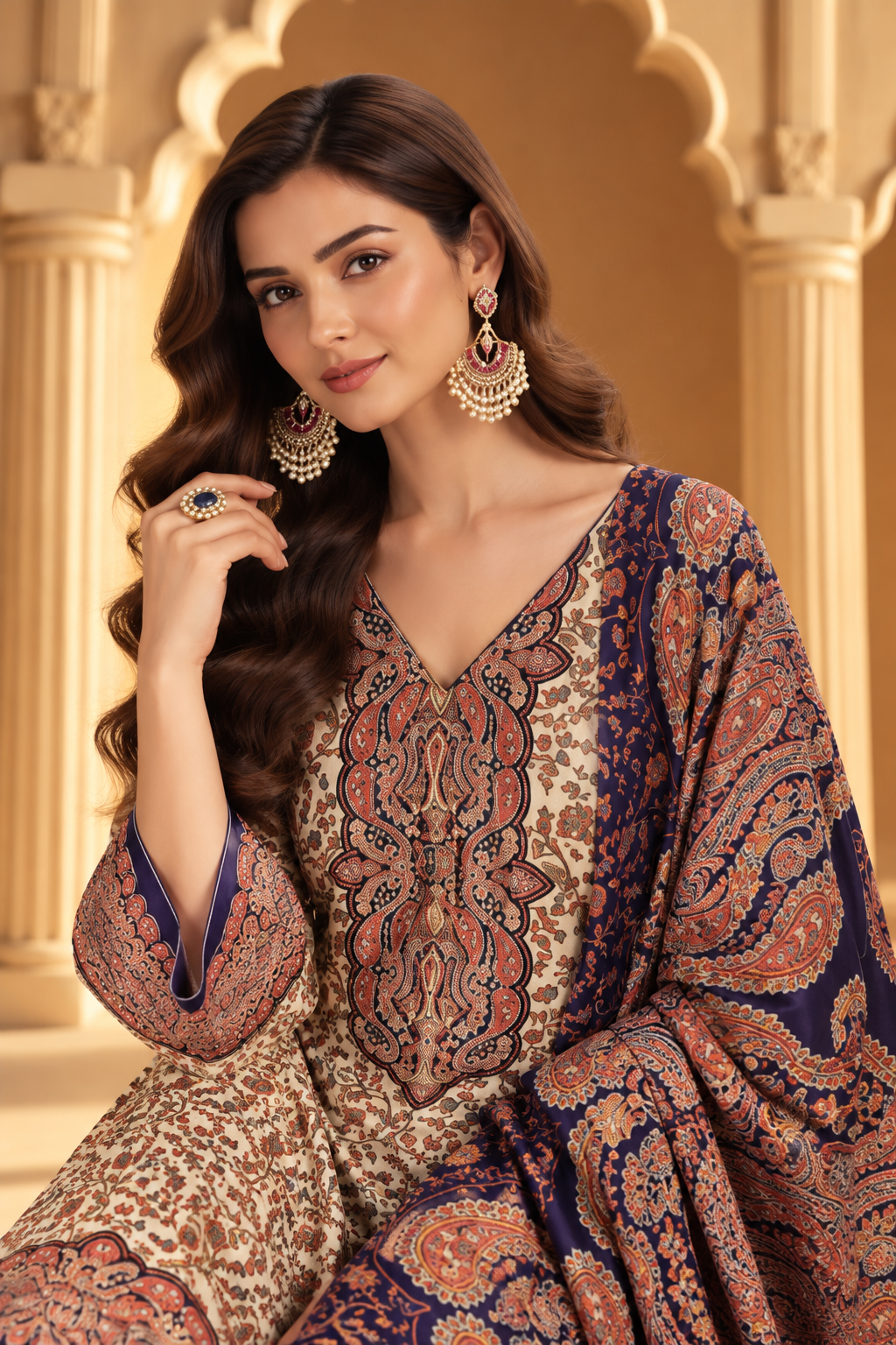 Beige & Navy Pashmina Floral Digital Printed Unstitched Suit Material