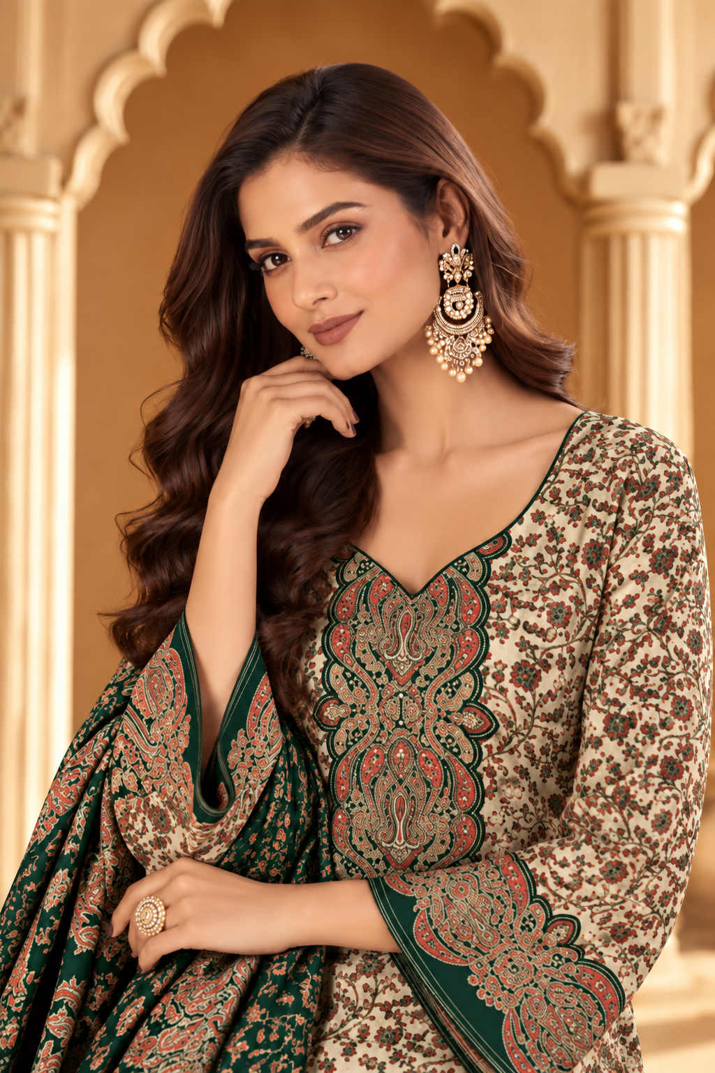 Beige & Green Pashmina Floral Digital Printed Unstitched Suit Material