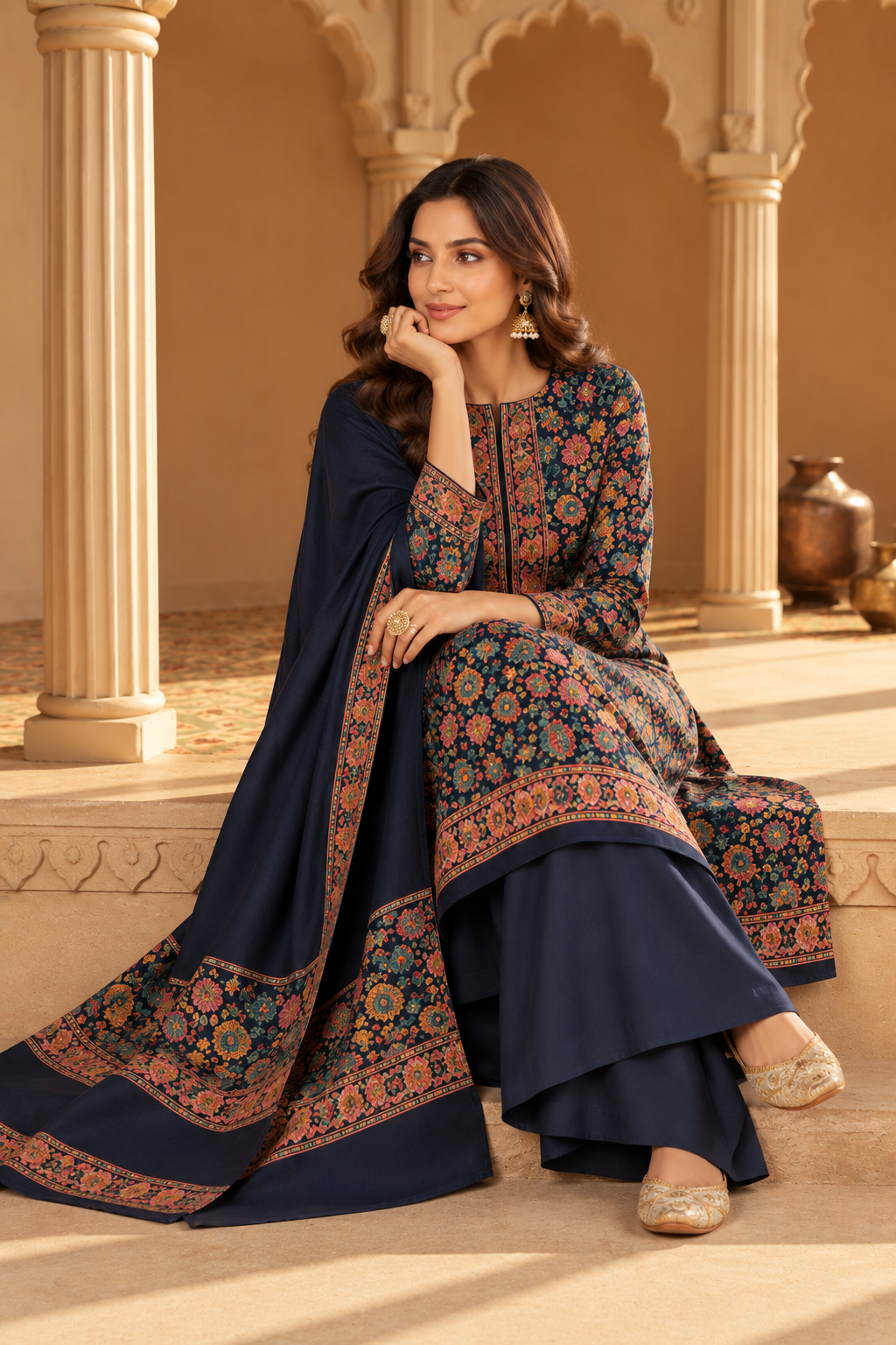 Navy Floral Resham Woven Pashmina Unstitched Suit Fabric