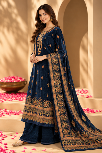 Navy Color Velvet Digital Printed Unstitched Suit Material