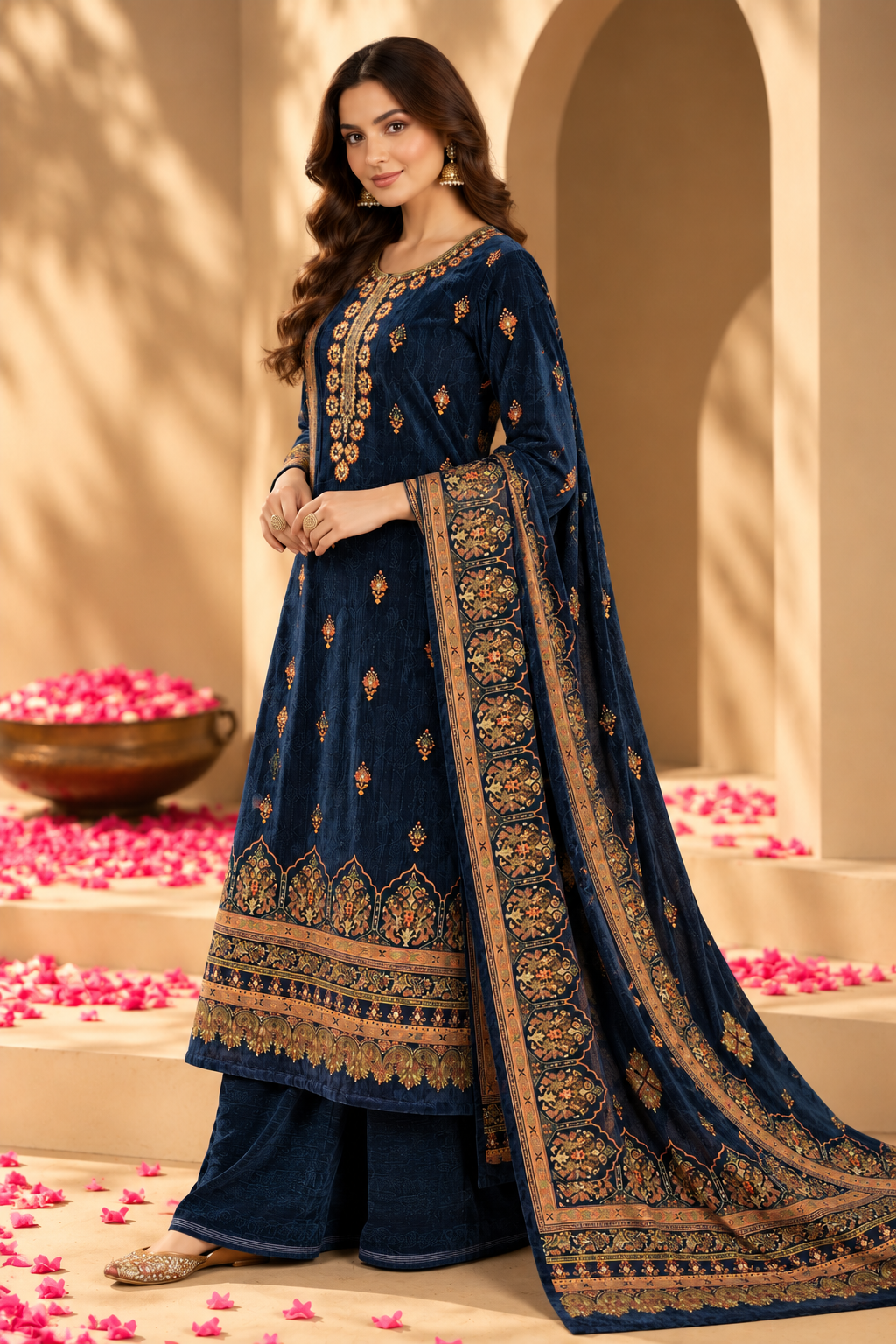 Navy Color Velvet Digital Printed Unstitched Suit Material