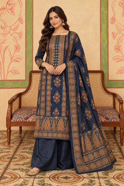 Navy Velvet Printed Unstitched Suit Material