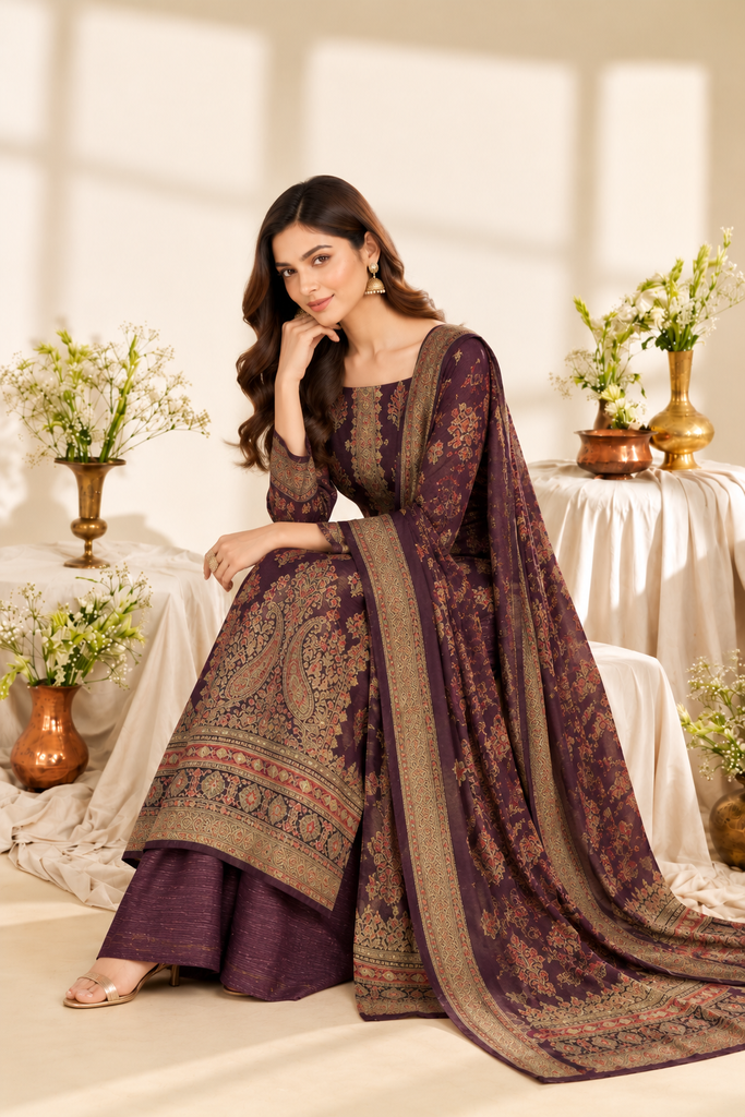 Wine Digital Printed Velvet Unstitched Suit Fabric