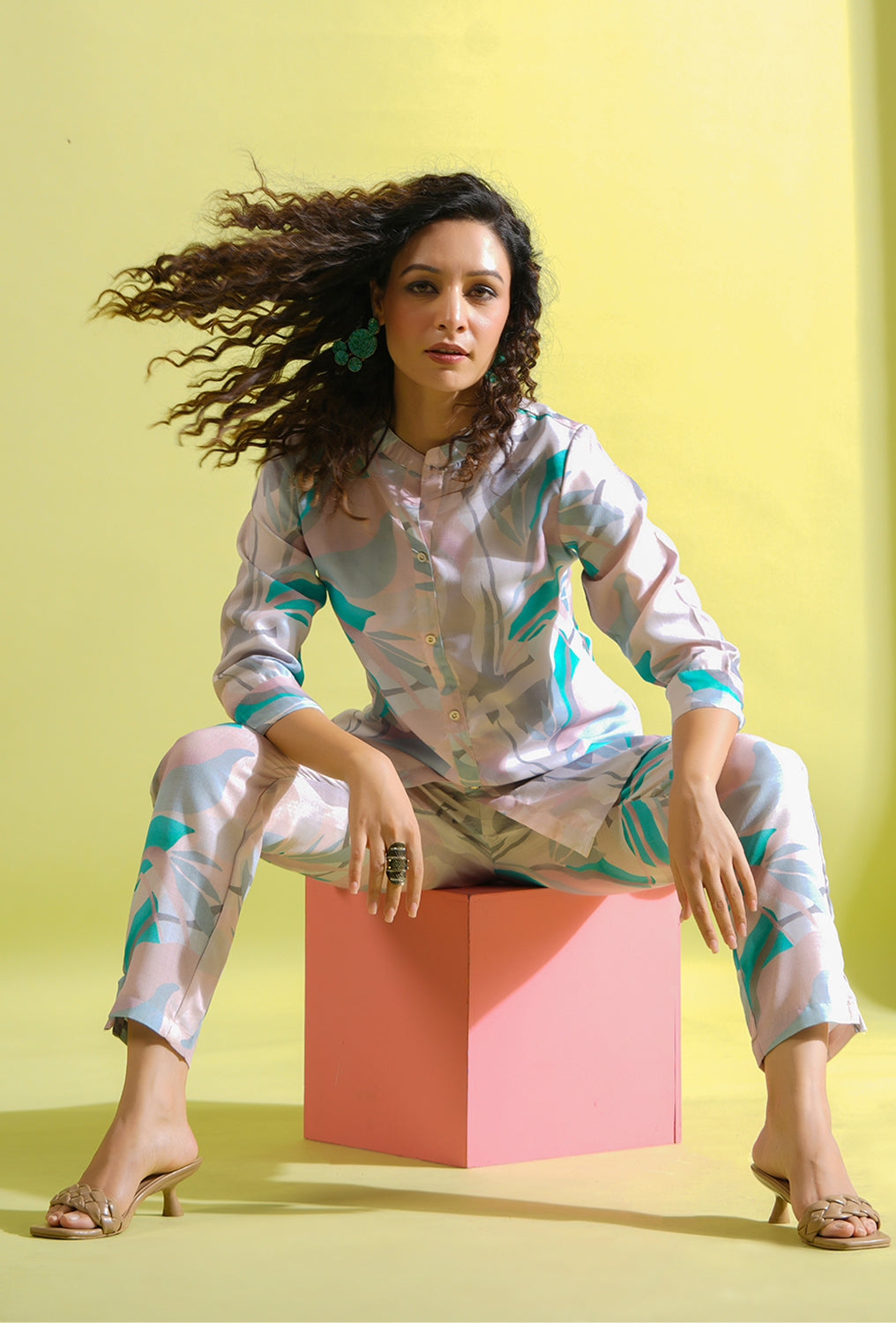 Teal & Grey Printed Cotton Co-Ord Set