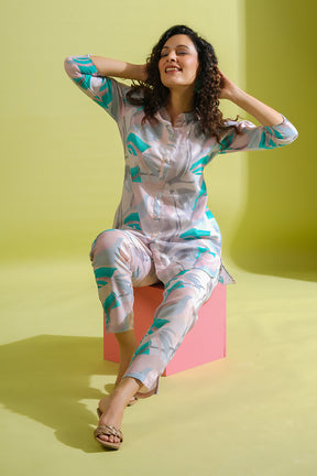 Teal & Grey Printed Cotton Co-Ord Set