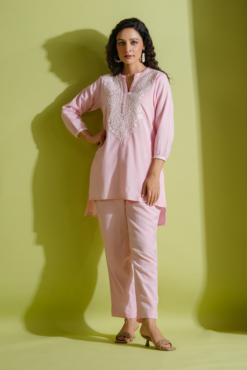 Pink Color Embroidered Cotton Co-Ord Set