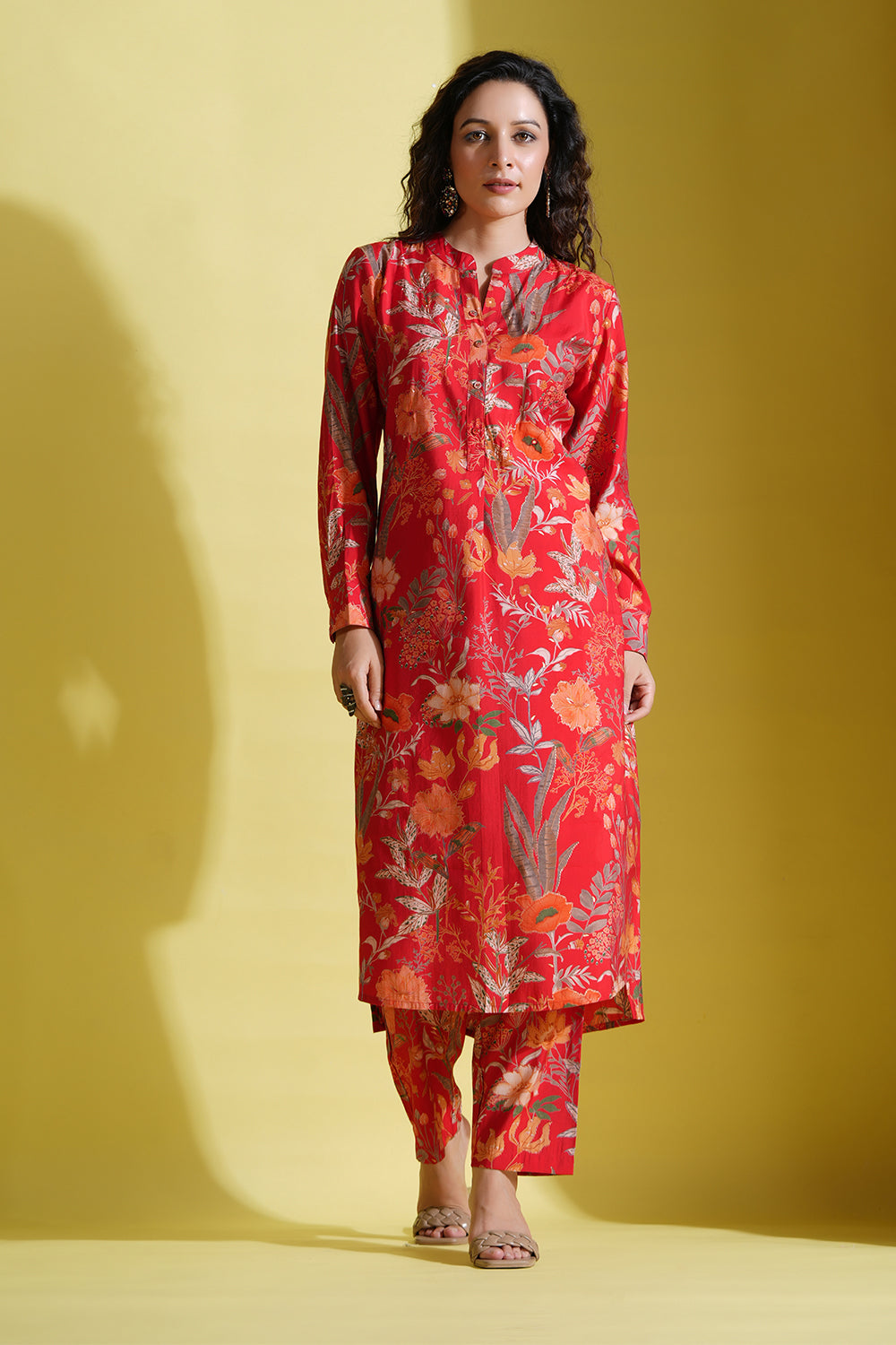 Red Color Printed Muslin Co-Ord Dress