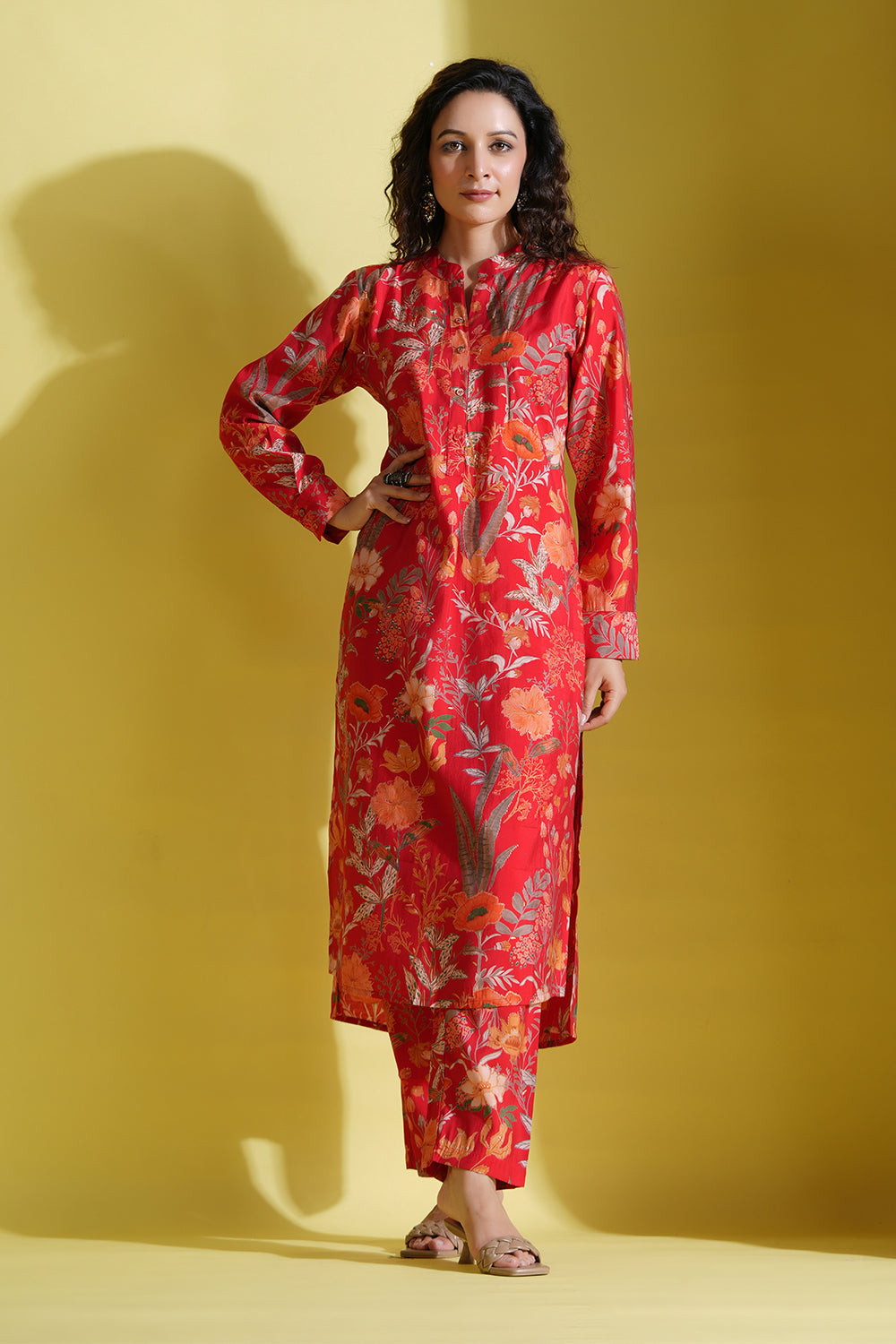 Red Color Printed Muslin Co-Ord Dress