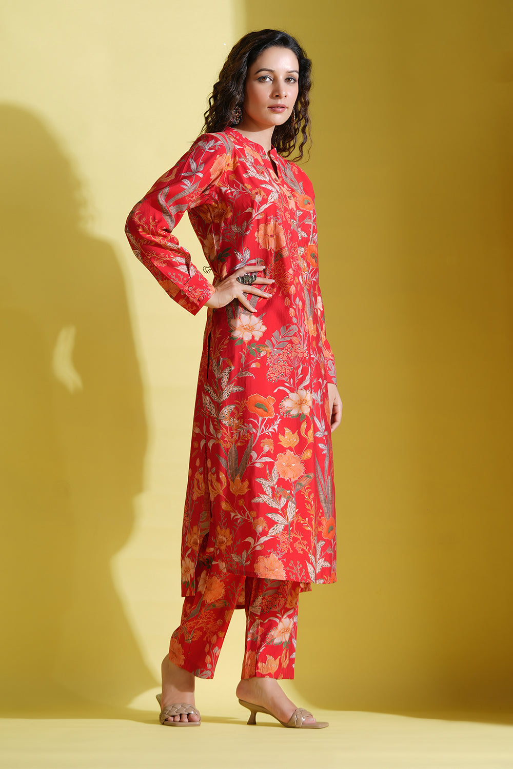 Red Color Printed Muslin Co-Ord Dress
