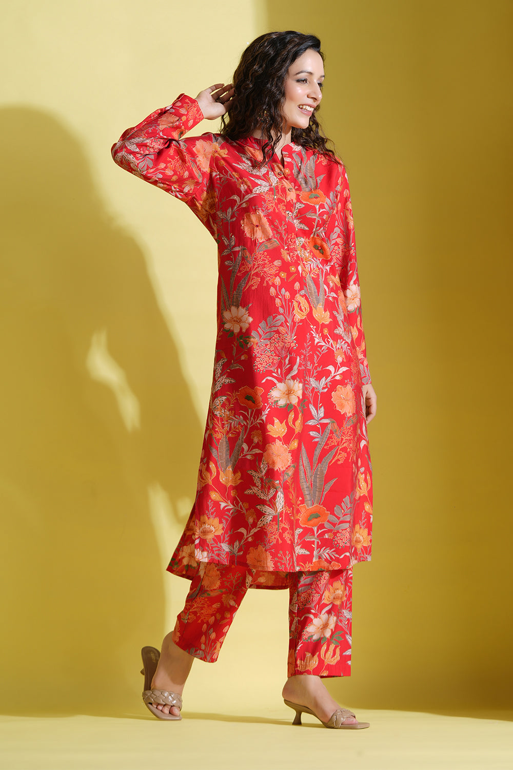 Red Color Printed Muslin Co-Ord Dress