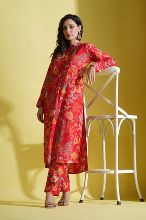 Red Color Printed Muslin Co-Ord Dress