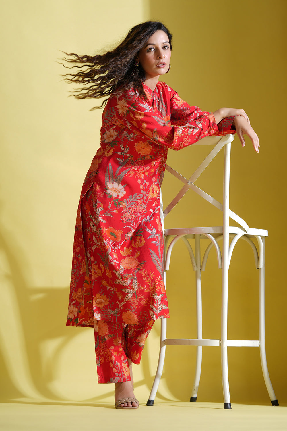 Red Color Printed Muslin Co-Ord Dress