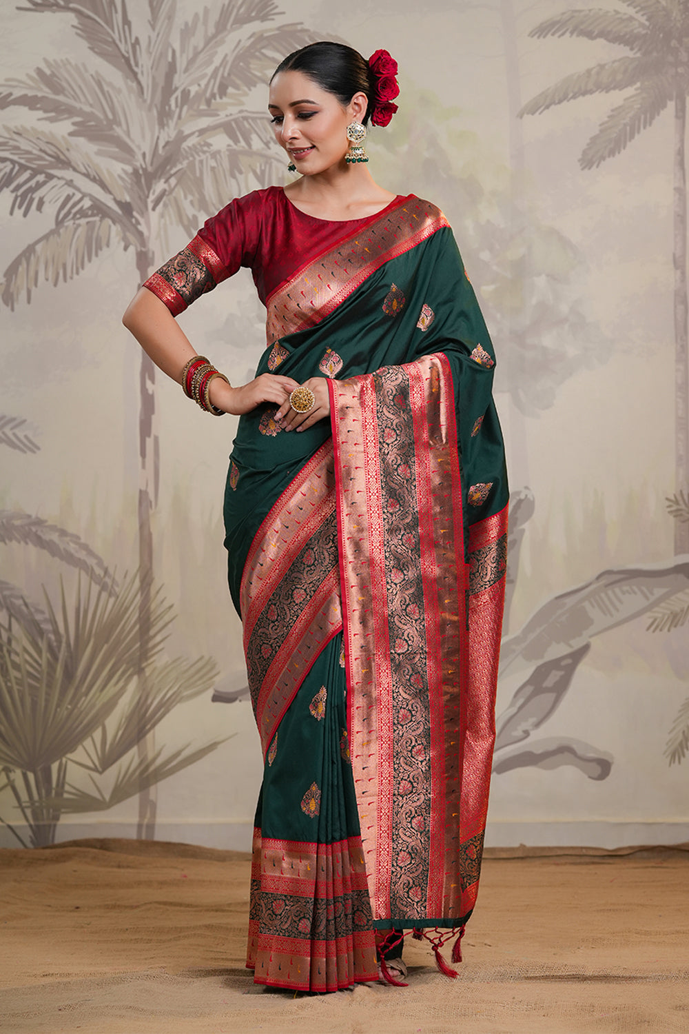 Bottle Green Color Silk Woven Saree