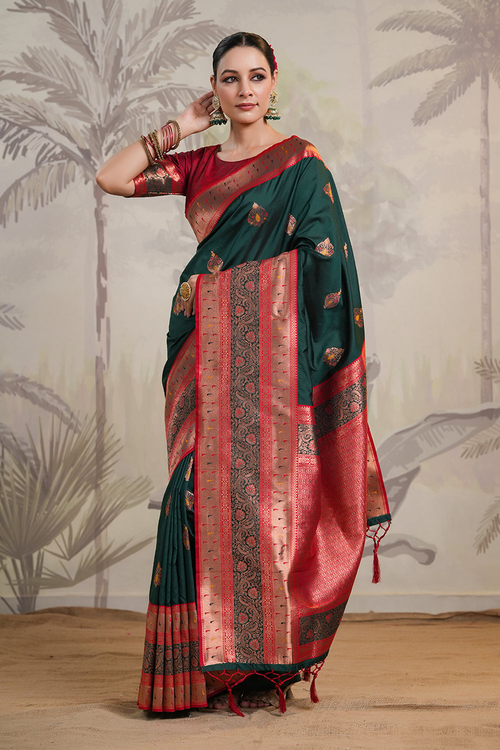 Bottle Green Color Silk Woven Saree