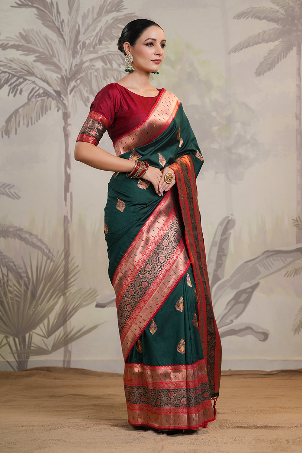 Bottle Green Color Silk Woven Saree