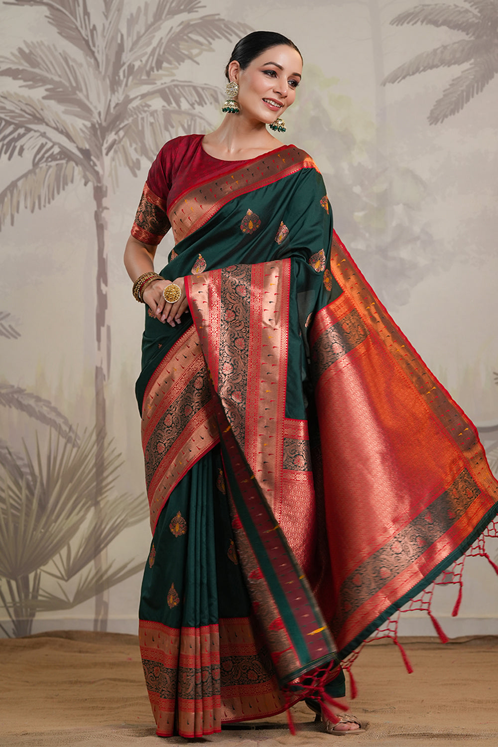 Bottle Green Color Silk Woven Saree