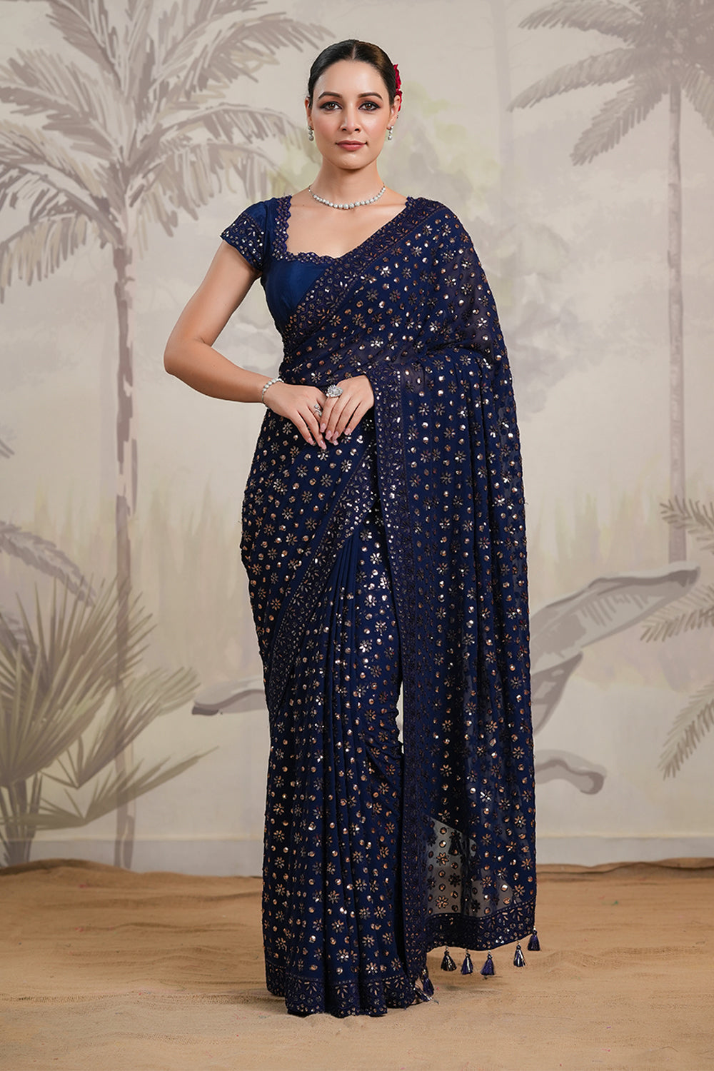 Navy Color Sequins Embroidered Georgette Saree