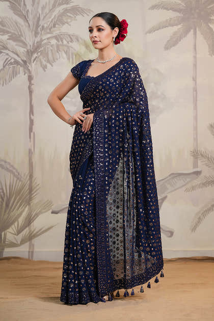 Navy Color Sequins Embroidered Georgette Saree