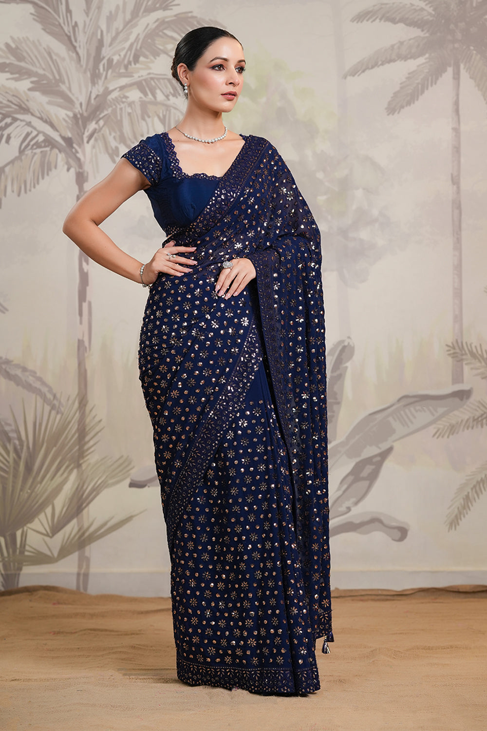 Navy Color Sequins Embroidered Georgette Saree