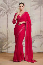 Fuchsia Pink Color Georgette Swarovski Work Saree