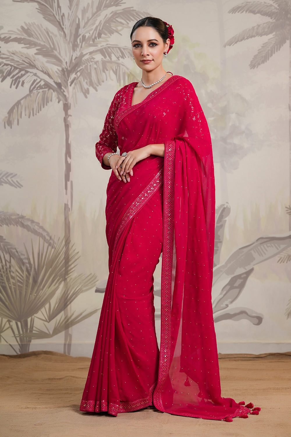 Fuchsia Pink Color Georgette Swarovski Work Saree