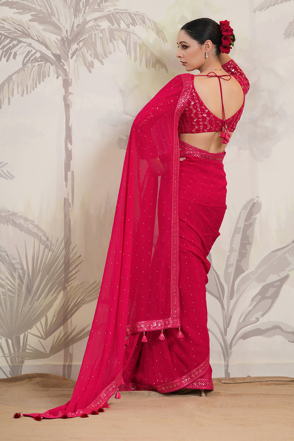 Fuchsia Pink Color Georgette Swarovski Work Saree