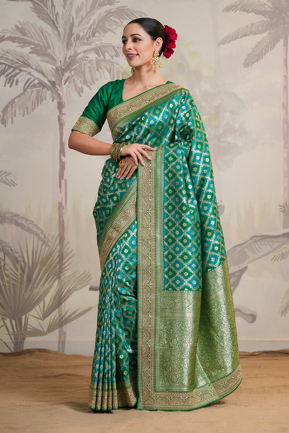 Teal Color Woven Silk Saree