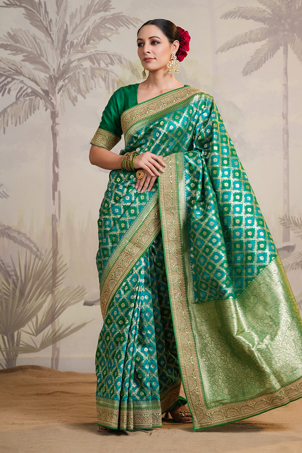 Teal Color Woven Silk Saree