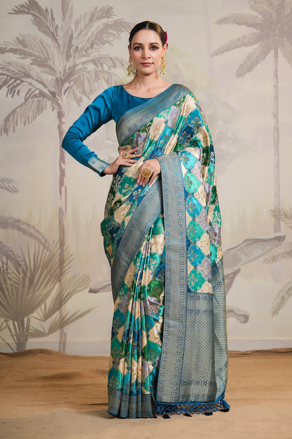 Teal & Blue Colour Woven Silk Saree