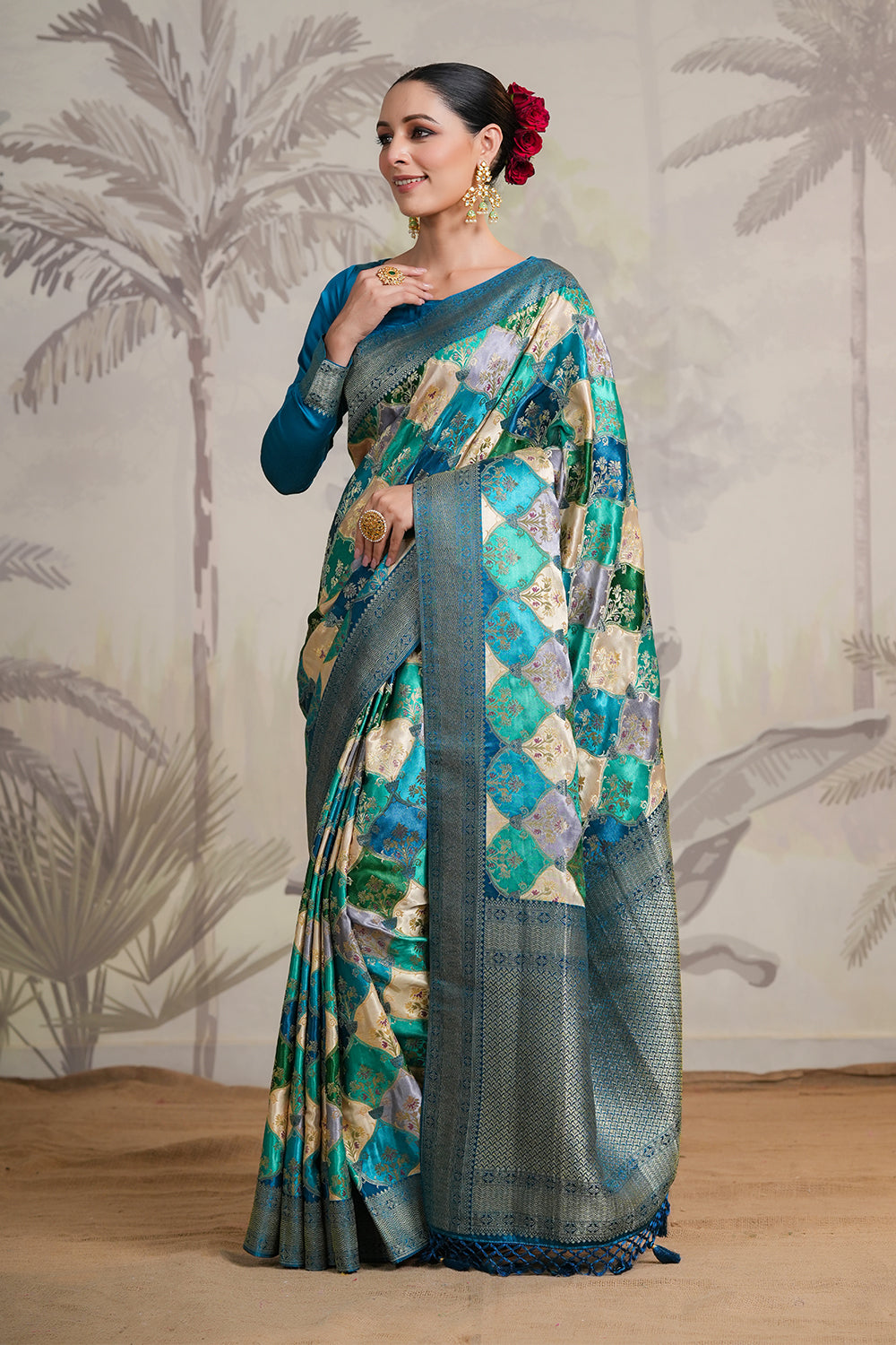 Teal & Blue Colour Woven Silk Saree