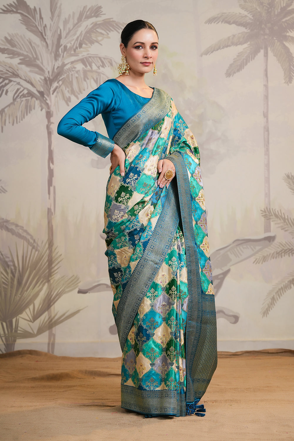 Teal & Blue Colour Woven Silk Saree