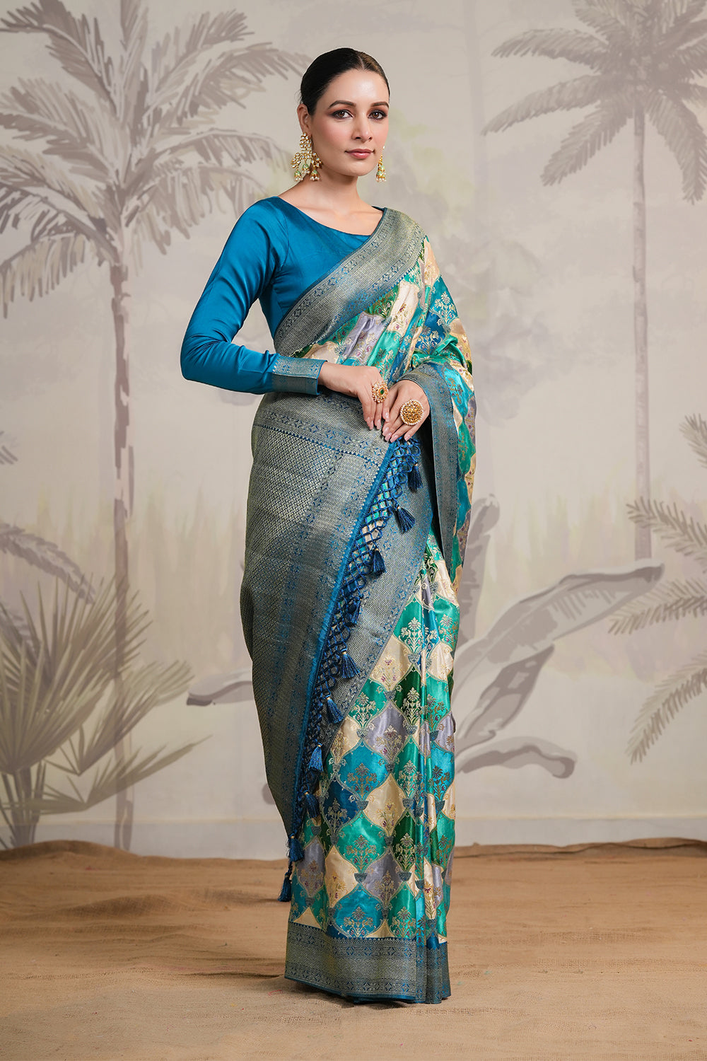 Teal & Blue Colour Woven Silk Saree