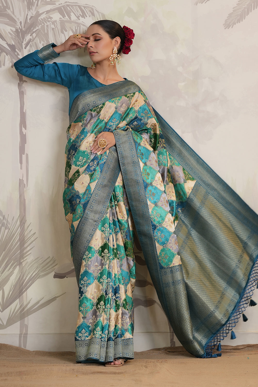 Teal & Blue Colour Woven Silk Saree