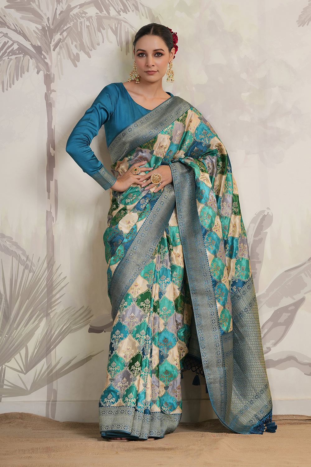 Teal & Blue Colour Woven Silk Saree