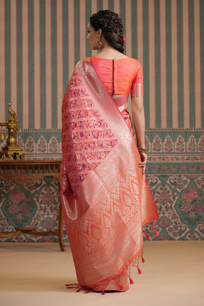 Coral Color Woven Silk Saree