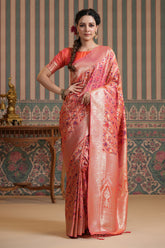 Coral Color Woven Silk Saree