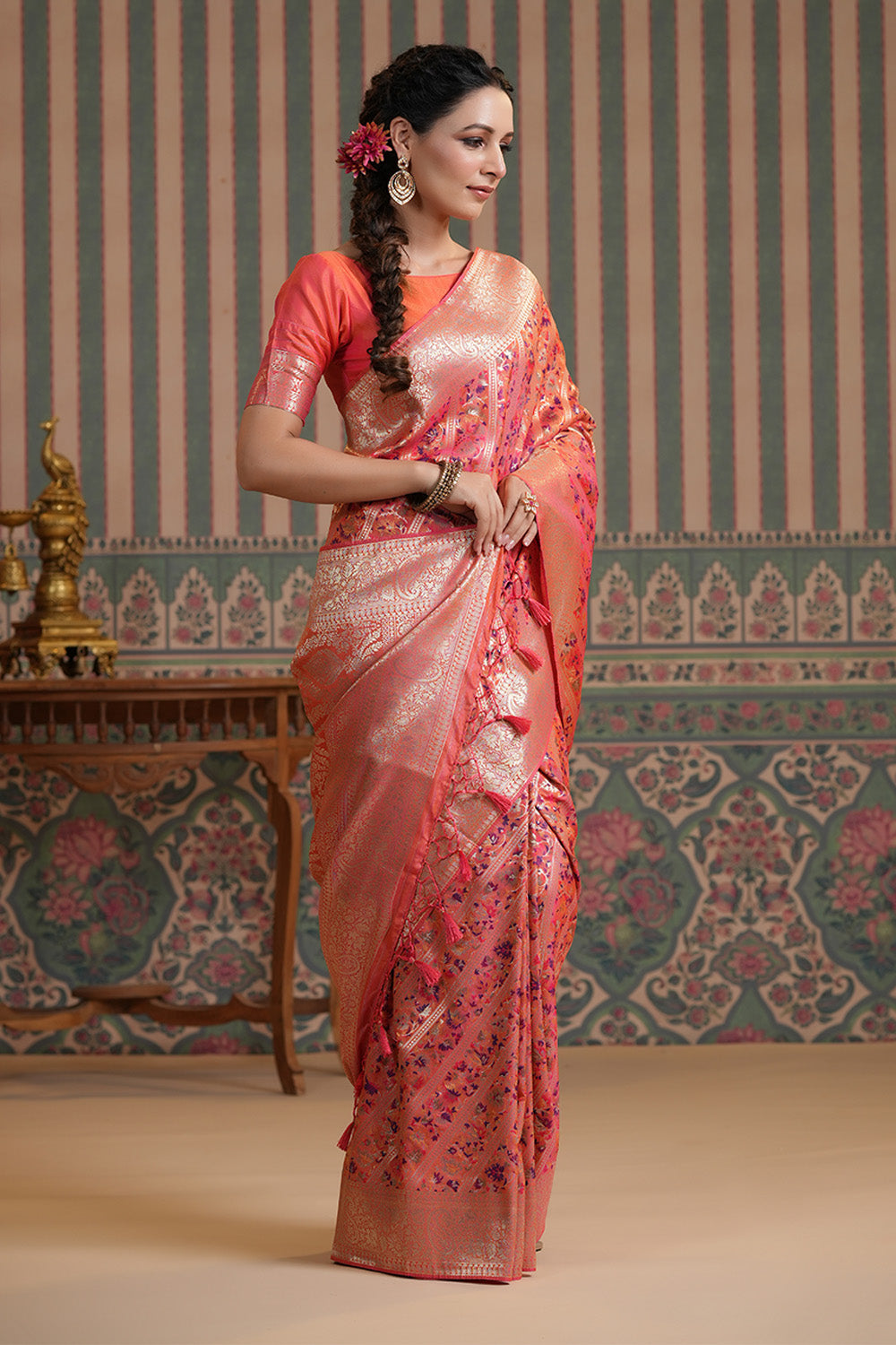 Coral Color Woven Silk Saree