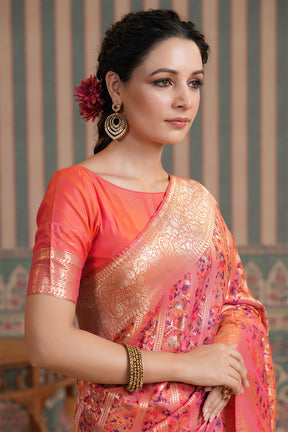 Coral Color Woven Silk Saree