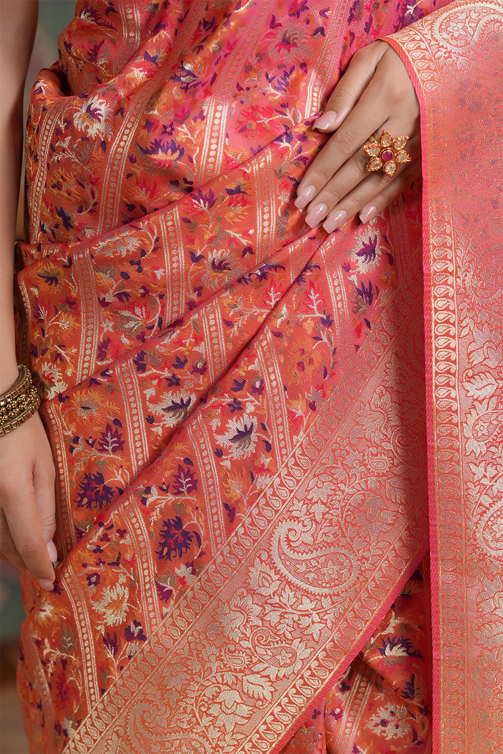 Coral Color Woven Silk Saree