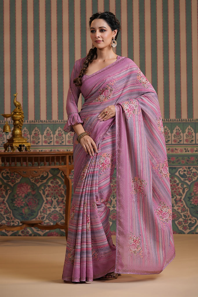 Mauve Color Georgette Swarovski Work Saree