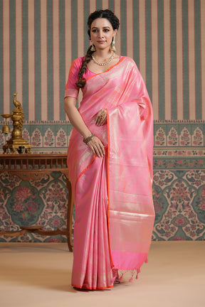 Coral Color Woven Silk Saree